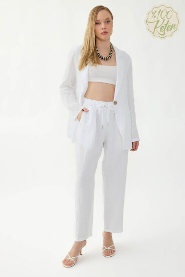 %100 Keten Beli Lastikli Cepli Geniş Paça Pantolon - 3