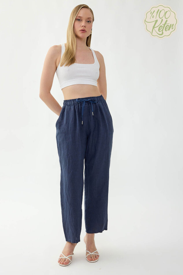 %100 Keten Beli Lastikli Cepli Geniş Paça Pantolon - 21