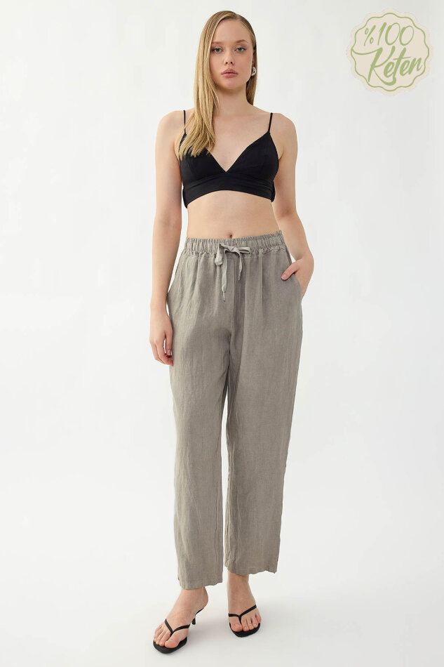 %100 Keten Beli Lastikli Cepli Geniş Paça Pantolon - 30
