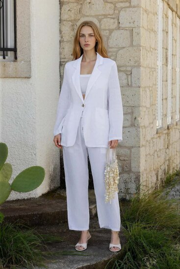 %100 Keten Beli Lastikli Cepli Geniş Paça Pantolon - 1