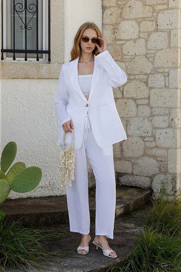 %100 Keten Beli Lastikli Cepli Geniş Paça Pantolon (1)