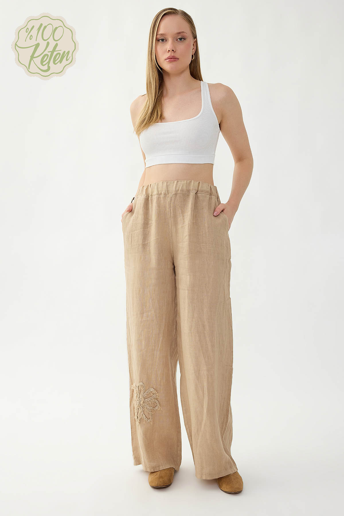 %100 Keten Beli Lastikli Çiçek Motifli Cepli Pantolon - Thumbnail