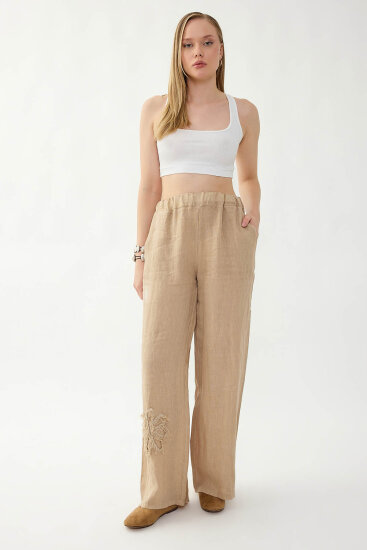 %100 Keten Beli Lastikli Çiçek Motifli Cepli Pantolon - 2