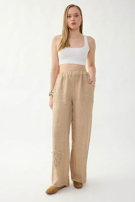 %100 Keten Beli Lastikli Çiçek Motifli Cepli Pantolon (1)