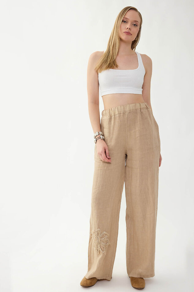 %100 Keten Beli Lastikli Çiçek Motifli Cepli Pantolon - 3