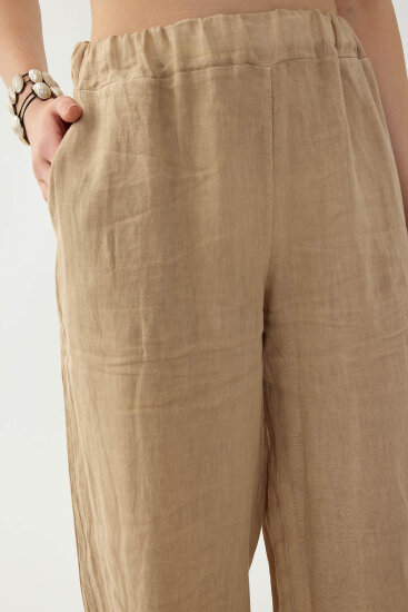 %100 Keten Beli Lastikli Çiçek Motifli Cepli Pantolon - 4