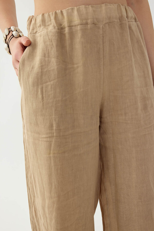 %100 Keten Beli Lastikli Çiçek Motifli Cepli Pantolon - 4