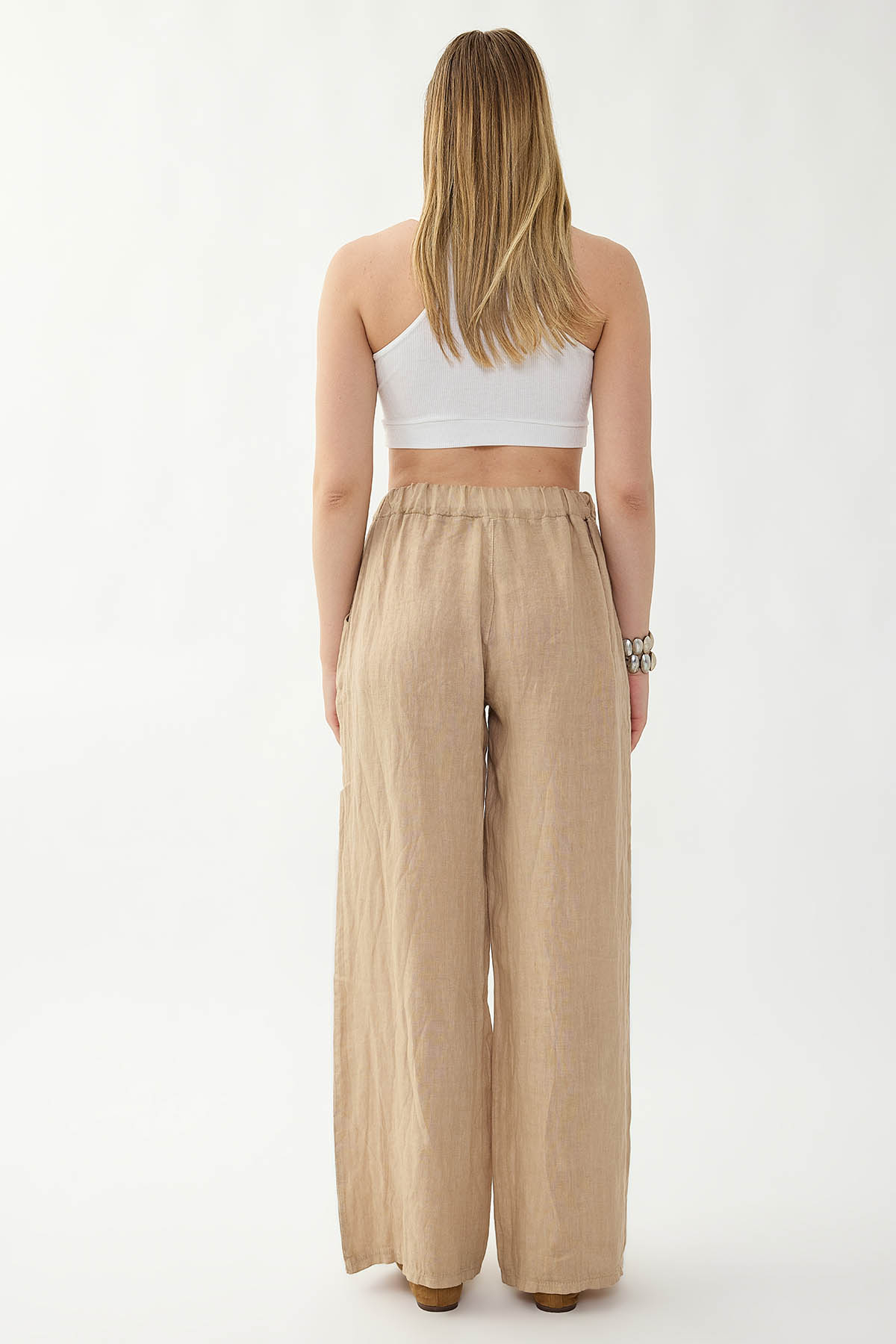 %100 Keten Beli Lastikli Çiçek Motifli Cepli Pantolon - Thumbnail