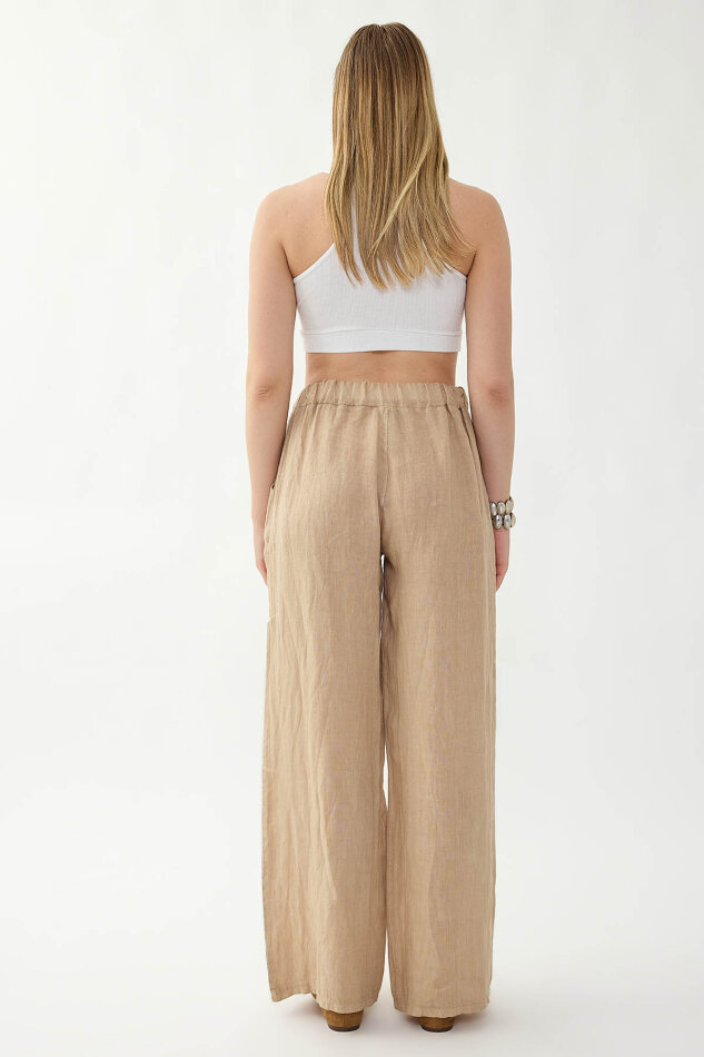 %100 Keten Beli Lastikli Çiçek Motifli Cepli Pantolon - 5