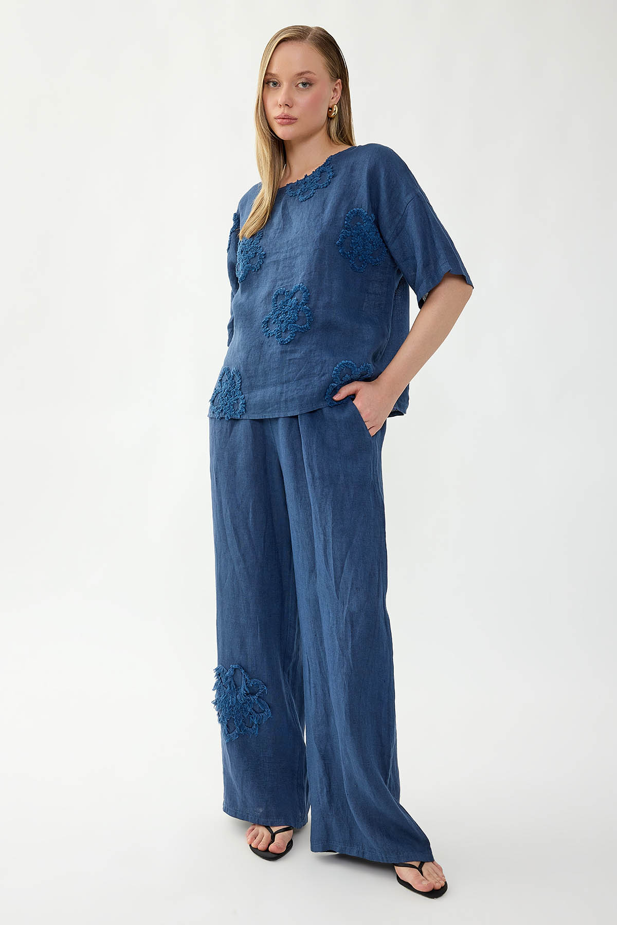 %100 Keten Beli Lastikli Çiçek Motifli Cepli Pantolon - Thumbnail