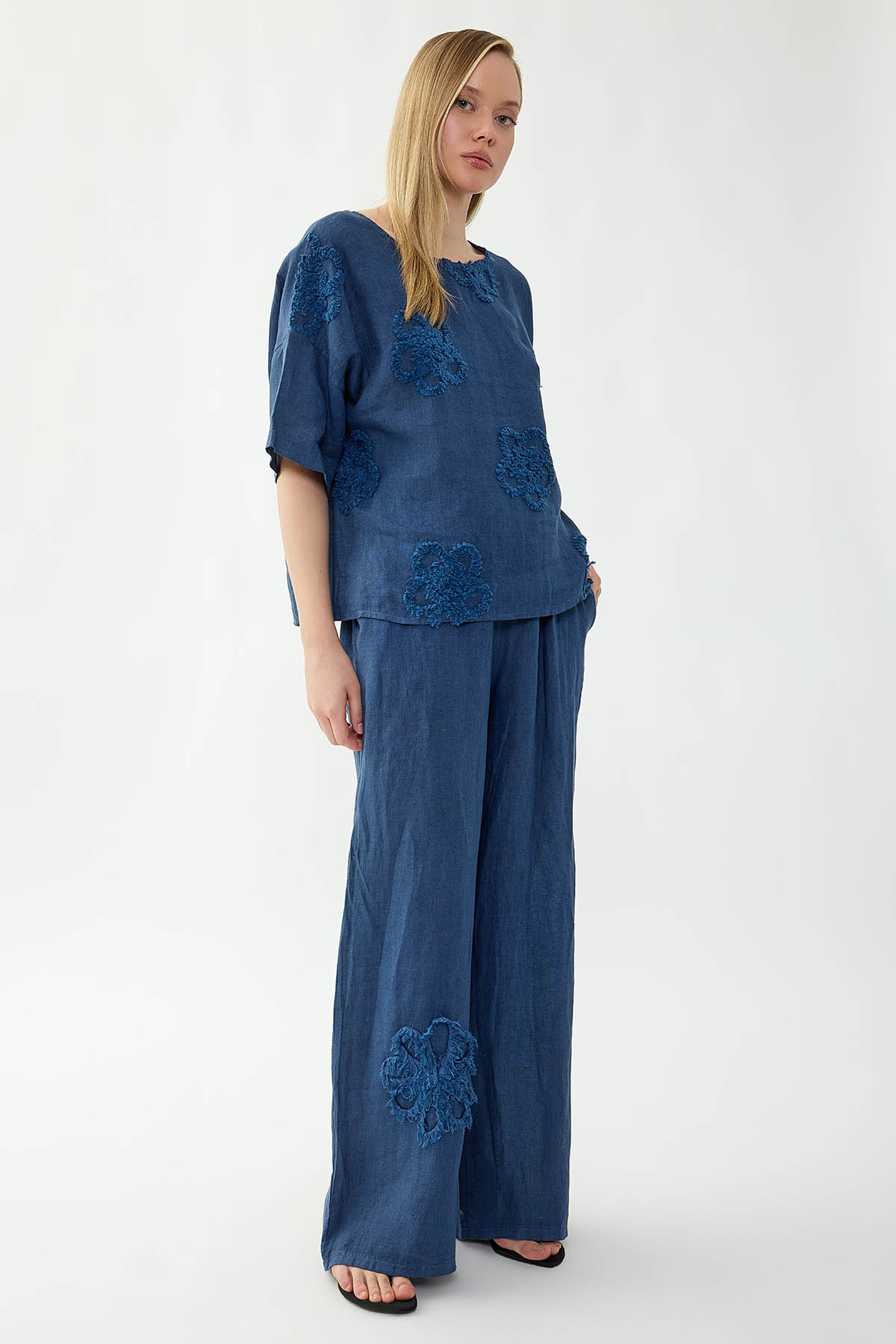 %100 Keten Beli Lastikli Çiçek Motifli Cepli Pantolon - Thumbnail