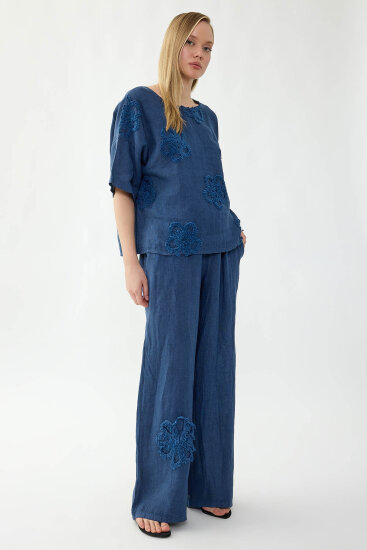 %100 Keten Beli Lastikli Çiçek Motifli Cepli Pantolon - 8