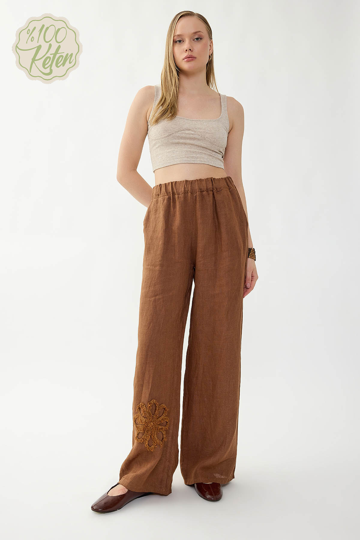 %100 Keten Beli Lastikli Çiçek Motifli Cepli Pantolon - Thumbnail