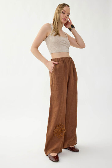 %100 Keten Beli Lastikli Çiçek Motifli Cepli Pantolon - 12