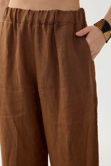 %100 Keten Beli Lastikli Çiçek Motifli Cepli Pantolon - 13