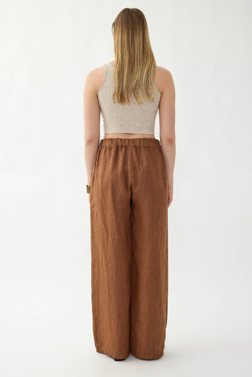 %100 Keten Beli Lastikli Çiçek Motifli Cepli Pantolon - 14