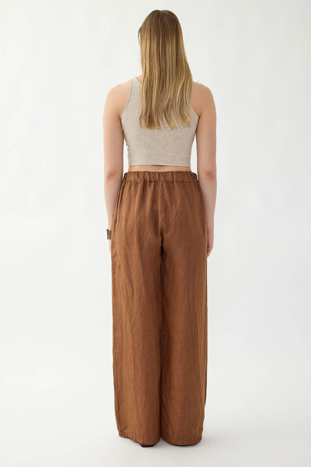 %100 Keten Beli Lastikli Çiçek Motifli Cepli Pantolon - 14