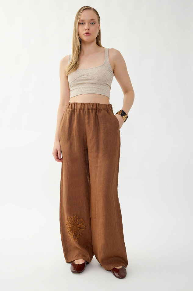 %100 Keten Beli Lastikli Çiçek Motifli Cepli Pantolon - 15