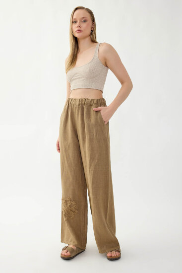 %100 Keten Beli Lastikli Çiçek Motifli Cepli Pantolon - 17