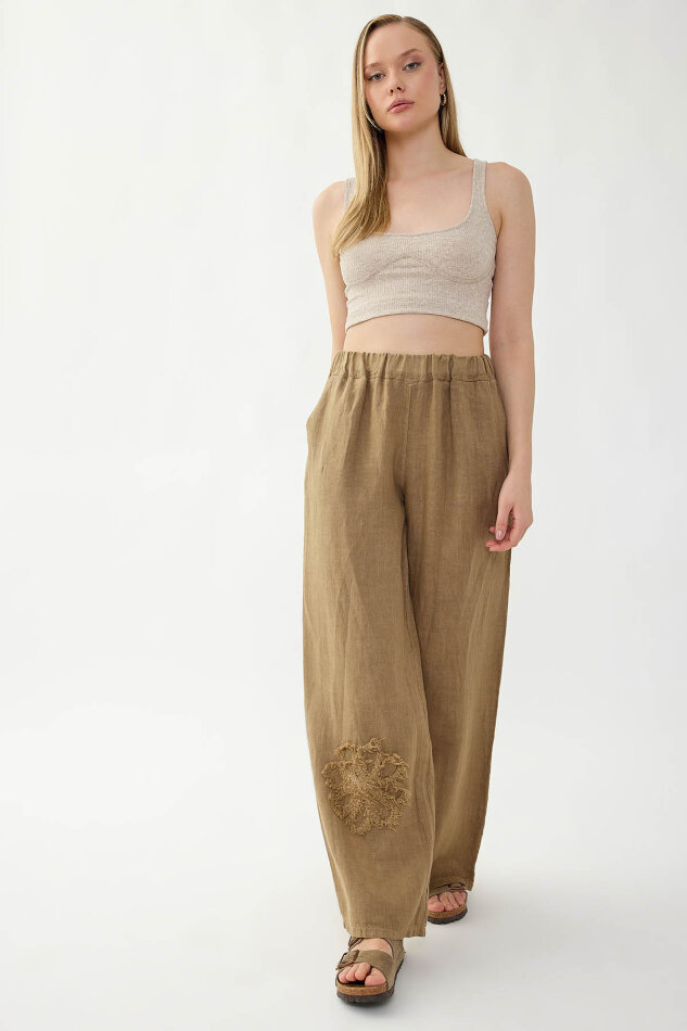 %100 Keten Beli Lastikli Çiçek Motifli Cepli Pantolon - 18