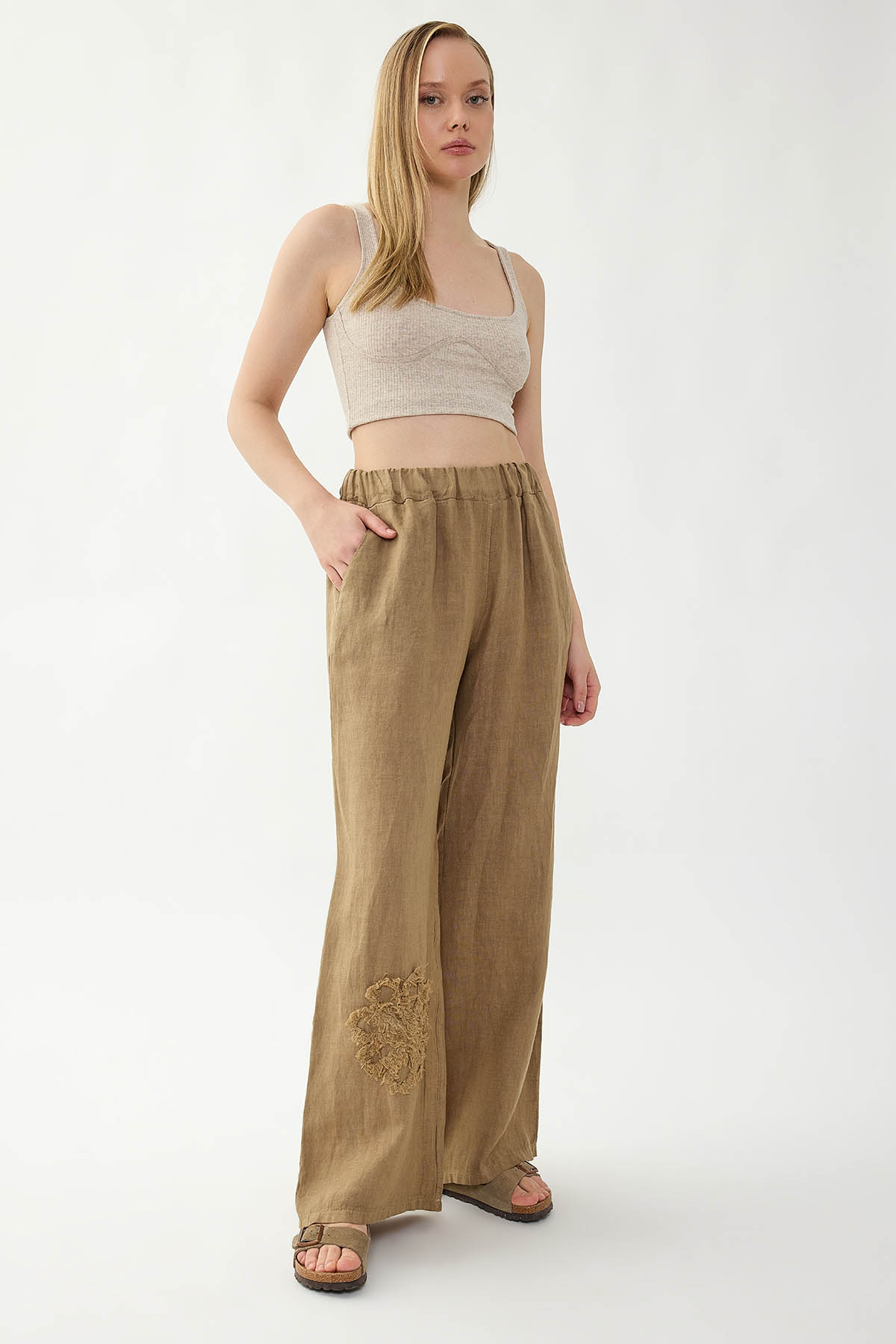 %100 Keten Beli Lastikli Çiçek Motifli Cepli Pantolon - Thumbnail