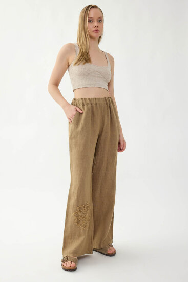 %100 Keten Beli Lastikli Çiçek Motifli Cepli Pantolon - 20