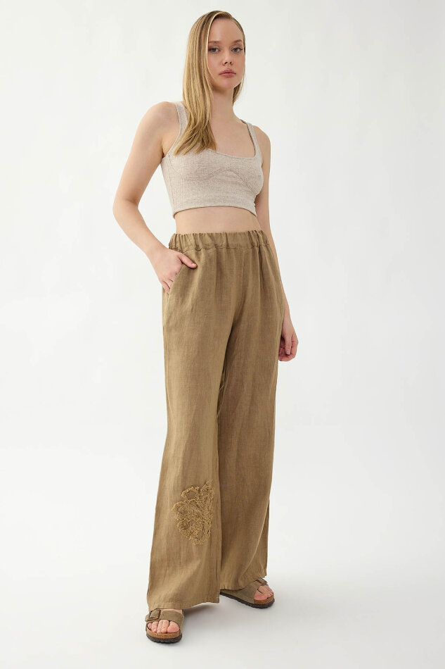 %100 Keten Beli Lastikli Çiçek Motifli Cepli Pantolon - 20