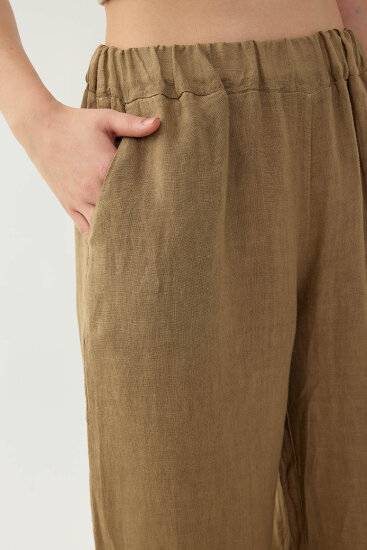 %100 Keten Beli Lastikli Çiçek Motifli Cepli Pantolon - 21