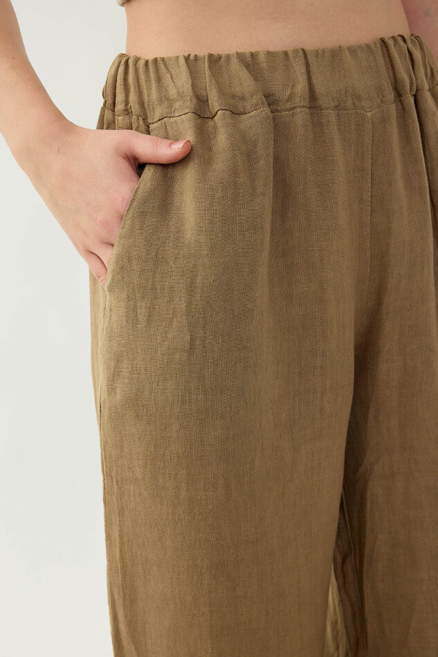 %100 Keten Beli Lastikli Çiçek Motifli Cepli Pantolon - 21