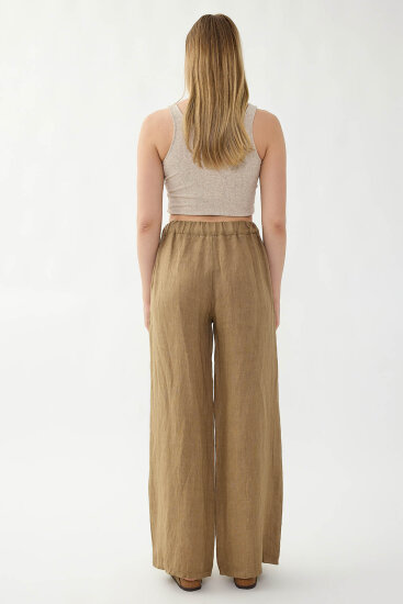 %100 Keten Beli Lastikli Çiçek Motifli Cepli Pantolon - 19