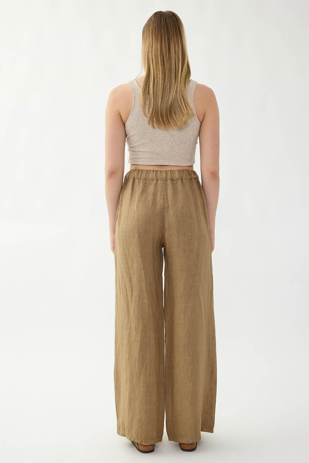 %100 Keten Beli Lastikli Çiçek Motifli Cepli Pantolon - 19