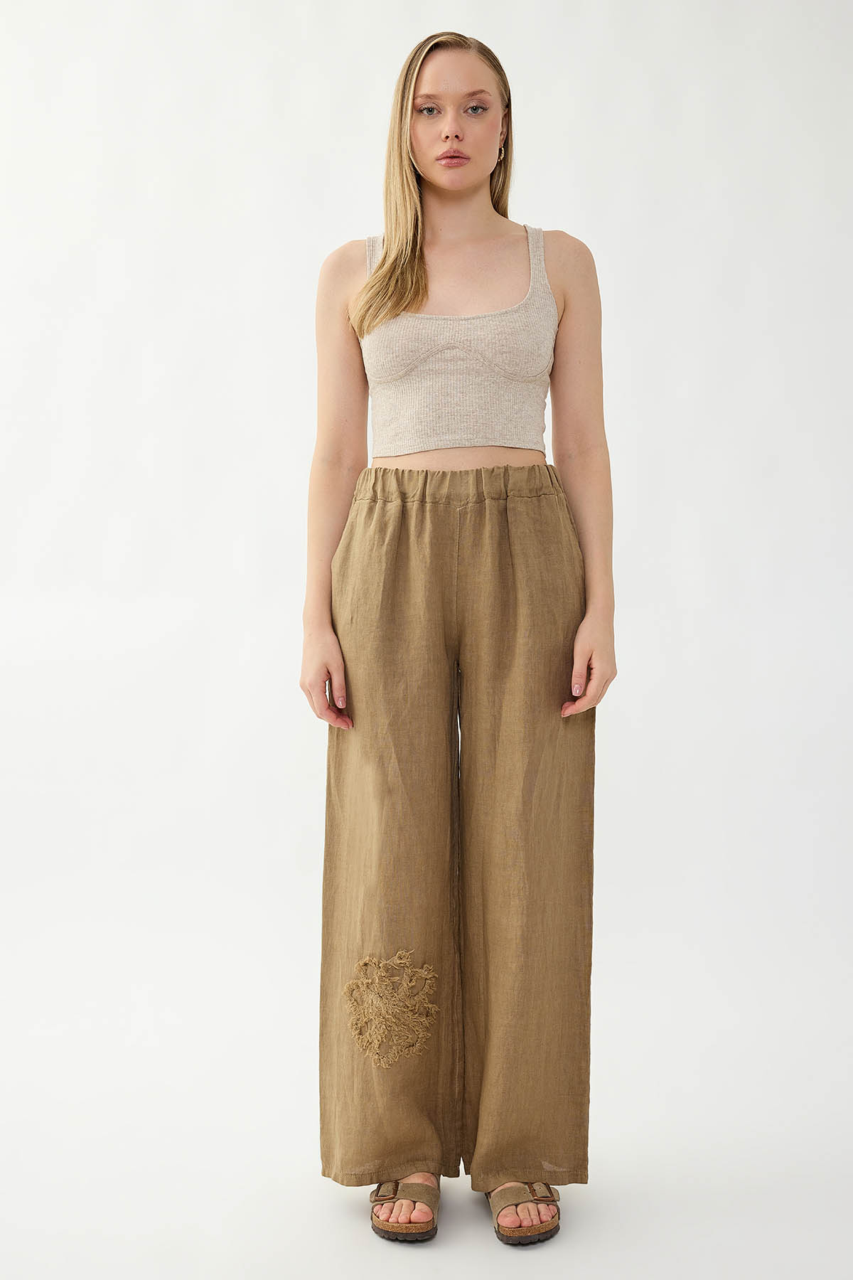 %100 Keten Beli Lastikli Çiçek Motifli Cepli Pantolon - Thumbnail