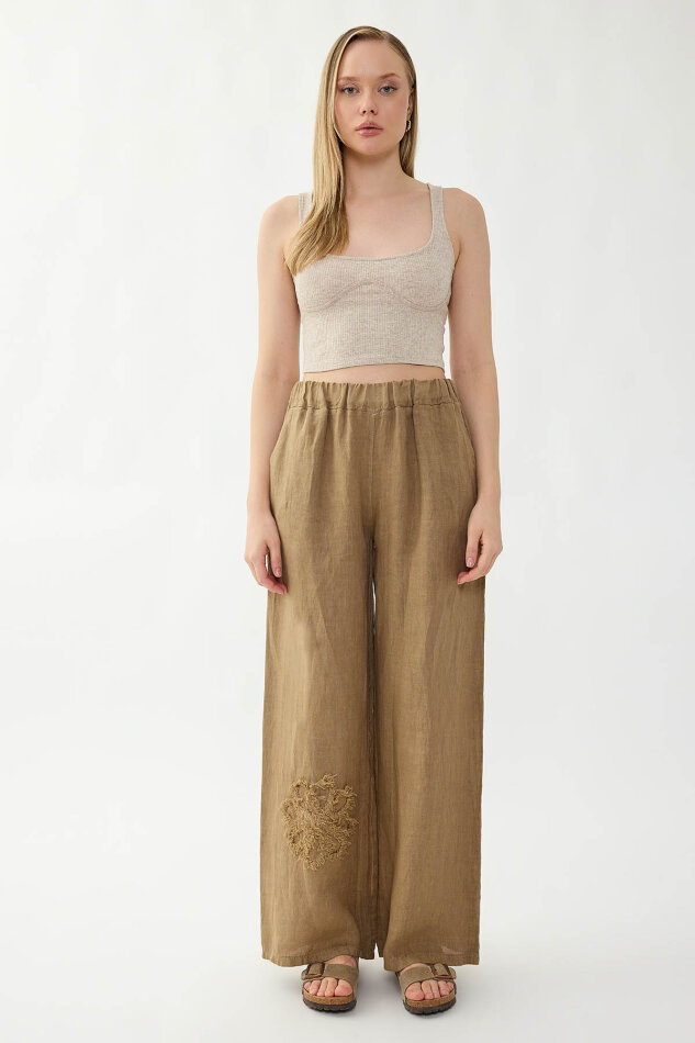 %100 Keten Beli Lastikli Çiçek Motifli Cepli Pantolon - 22