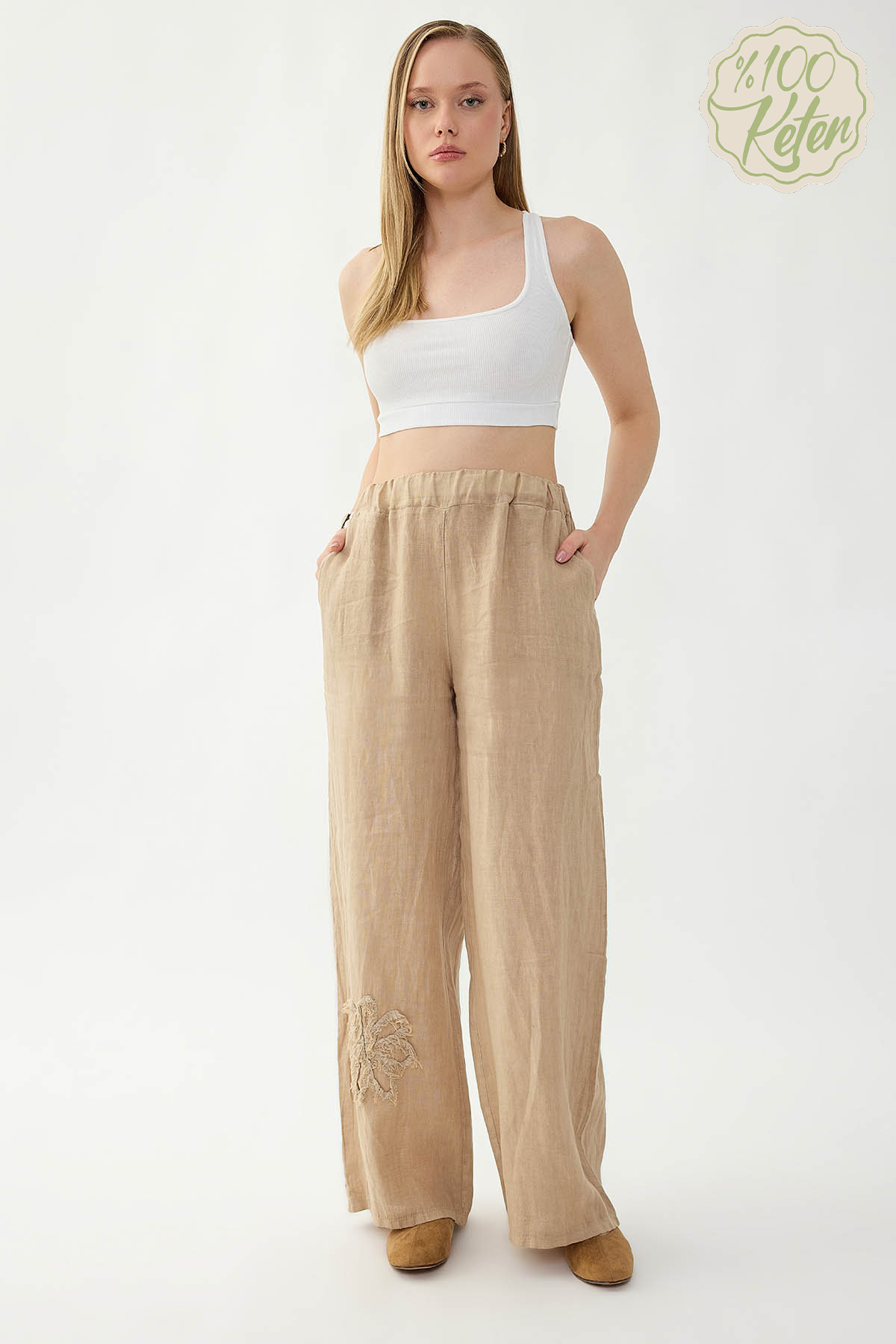 VİTRİN - %100 Keten Beli Lastikli Çiçek Motifli Cepli Pantolon
