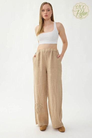 %100 Keten Beli Lastikli Çiçek Motifli Cepli Pantolon - 1