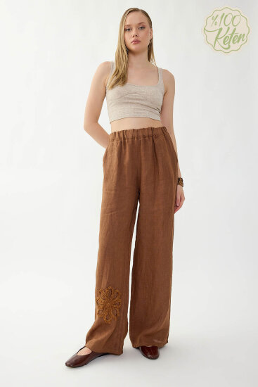 %100 Keten Beli Lastikli Çiçek Motifli Cepli Pantolon - 11