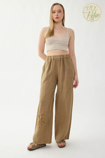 %100 Keten Beli Lastikli Çiçek Motifli Cepli Pantolon - 16