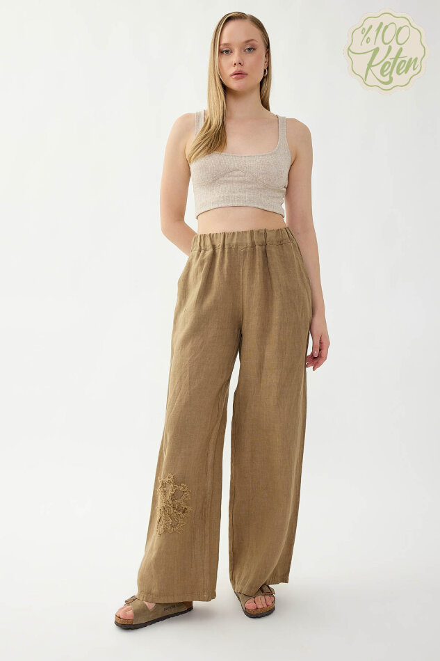 %100 Keten Beli Lastikli Çiçek Motifli Cepli Pantolon - 16