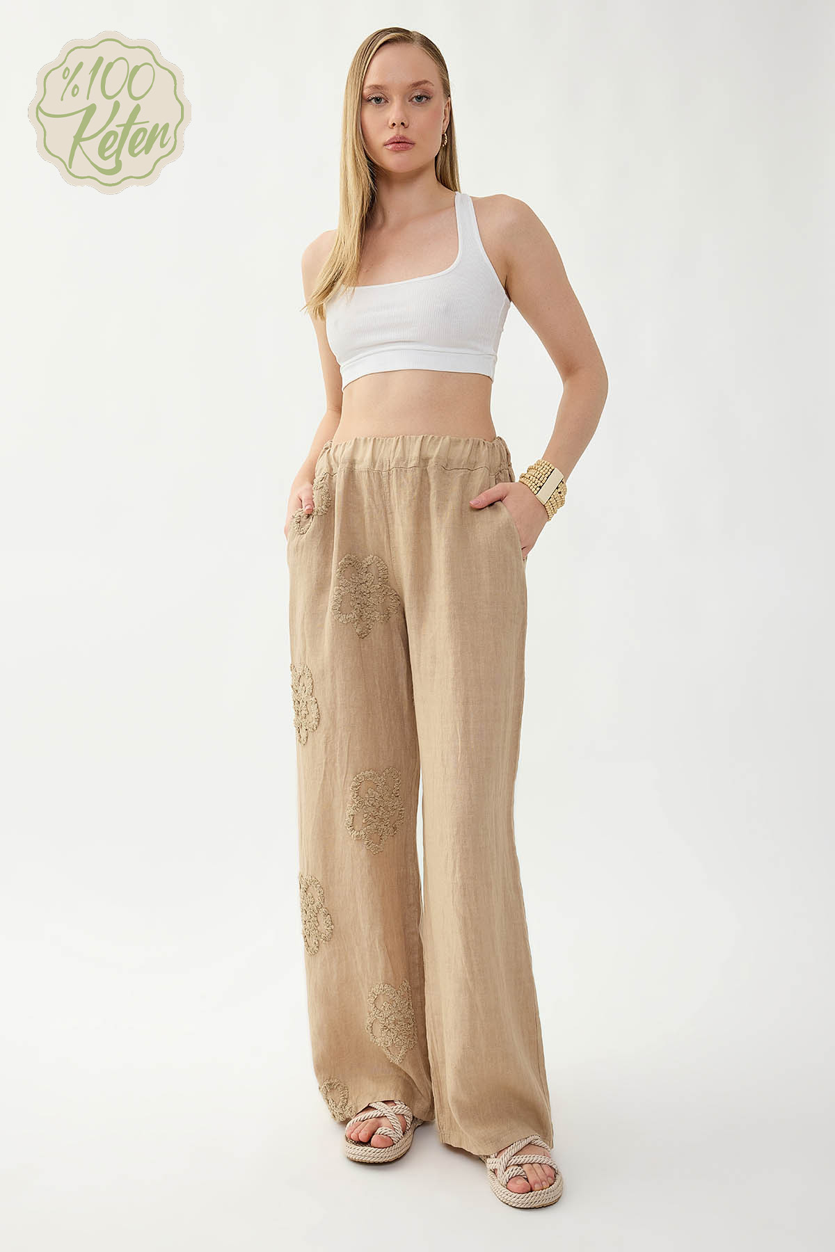 %100 Keten Beli Lastikli Çiçek Motifli Pantolon - Thumbnail