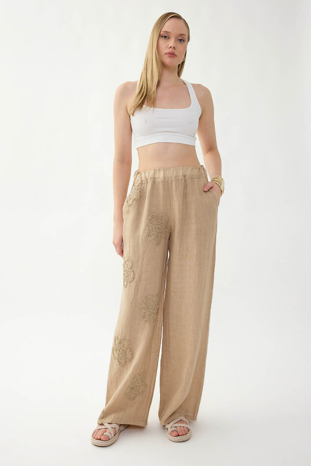 %100 Keten Beli Lastikli Çiçek Motifli Pantolon - 9