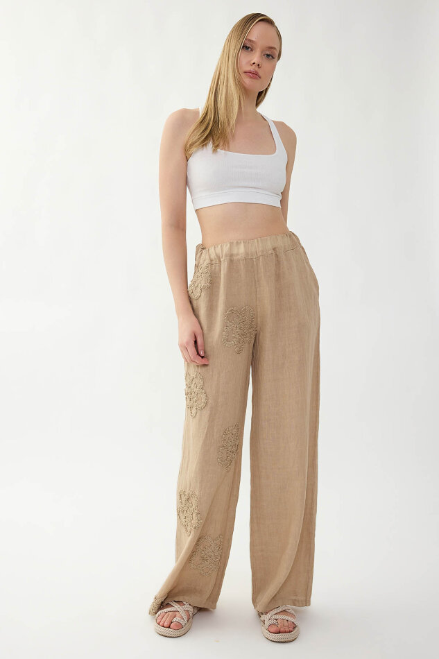 %100 Keten Beli Lastikli Çiçek Motifli Pantolon - 10