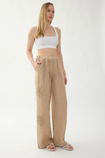 %100 Keten Beli Lastikli Çiçek Motifli Pantolon - 11