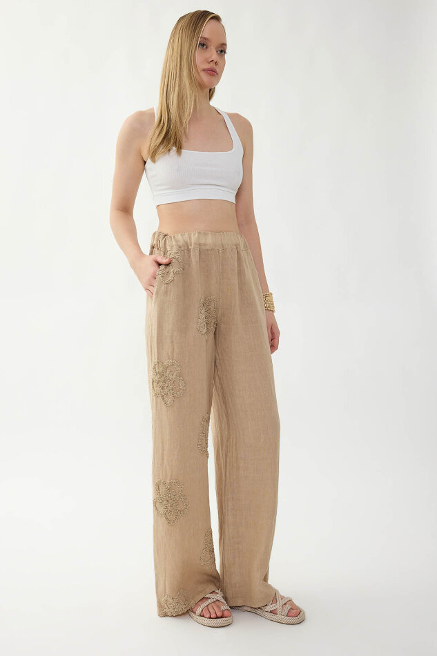 %100 Keten Beli Lastikli Çiçek Motifli Pantolon - 11
