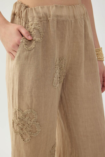 %100 Keten Beli Lastikli Çiçek Motifli Pantolon - 13