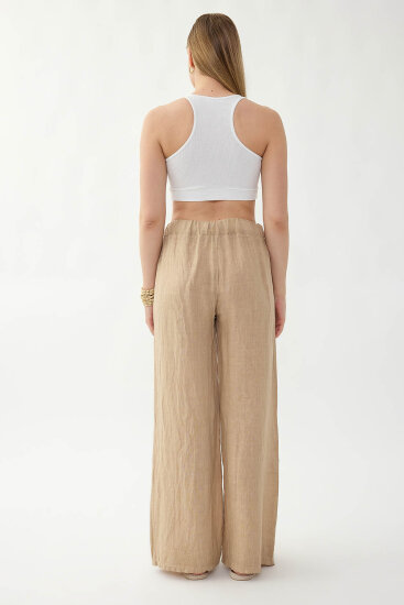 %100 Keten Beli Lastikli Çiçek Motifli Pantolon - 12