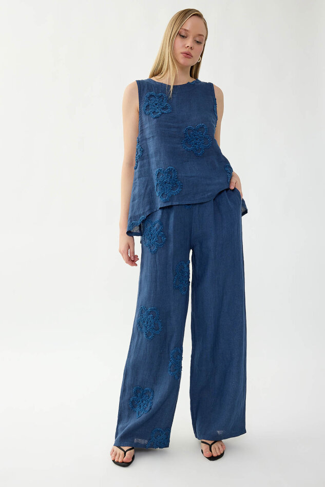 %100 Keten Beli Lastikli Çiçek Motifli Pantolon - 16