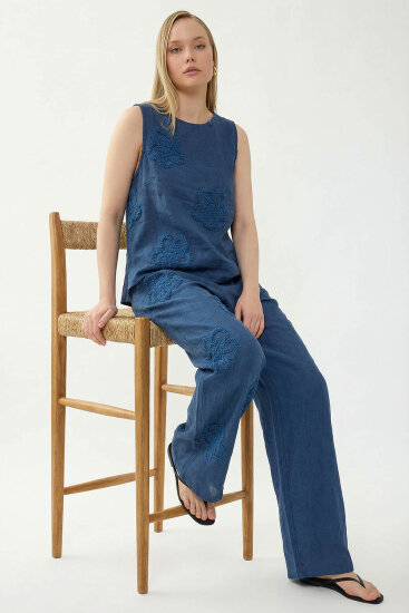 %100 Keten Beli Lastikli Çiçek Motifli Pantolon - 15