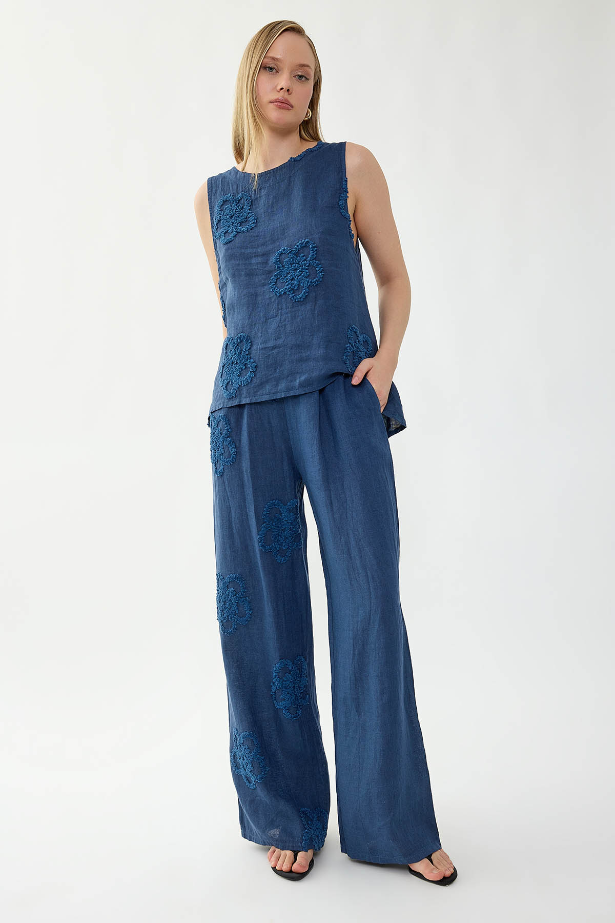 %100 Keten Beli Lastikli Çiçek Motifli Pantolon - Thumbnail