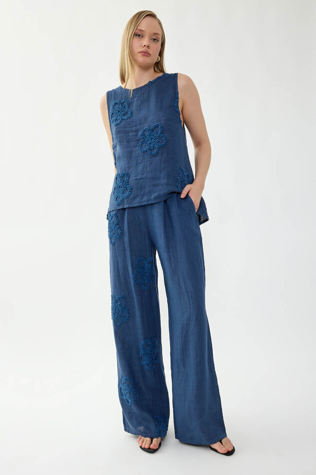 %100 Keten Beli Lastikli Çiçek Motifli Pantolon - 17