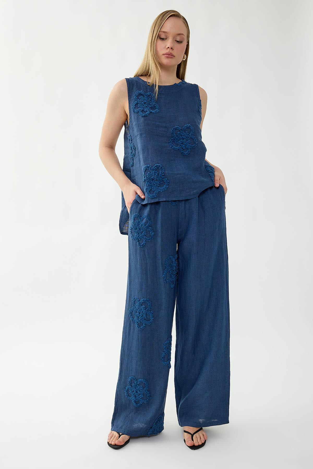 %100 Keten Beli Lastikli Çiçek Motifli Pantolon - Thumbnail